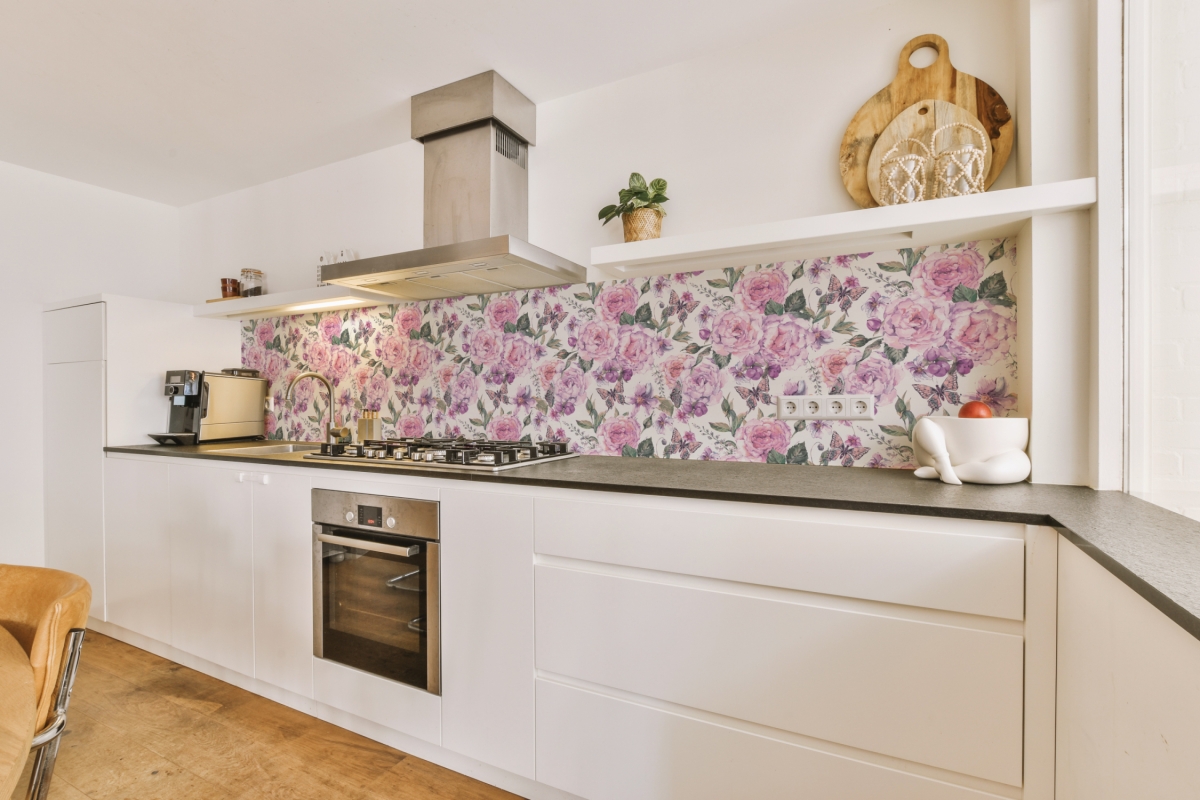 Küchenrückwand Lila Rosen Schmetterling